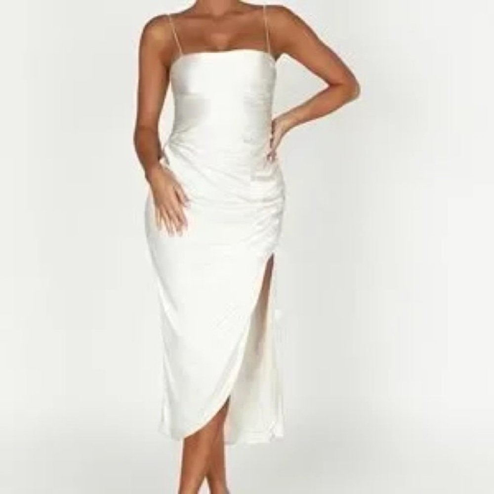NWT Meshki Claudette Satin Drape Midi Slit Dress in Ivory White Size S